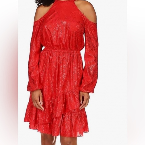 Michael Michael Kors Red Dress Long Sleeve/Cold Shoulder Flounce Hem EUC SZ LRG - Picture 3 of 11